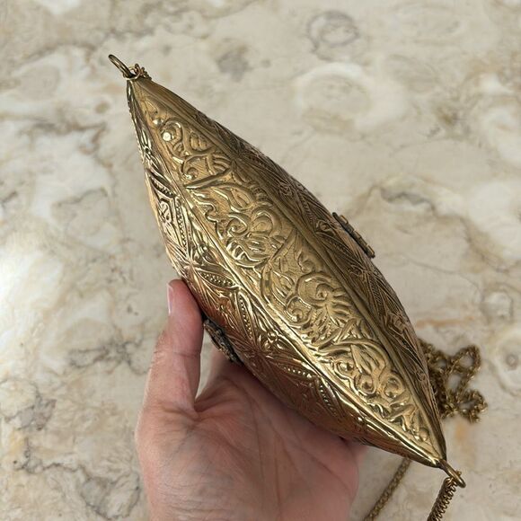 Brass Handcrafted Boho Pillow Shaped Evening Bag w/ Crossbody Chain Strap - Picture 11 of 15